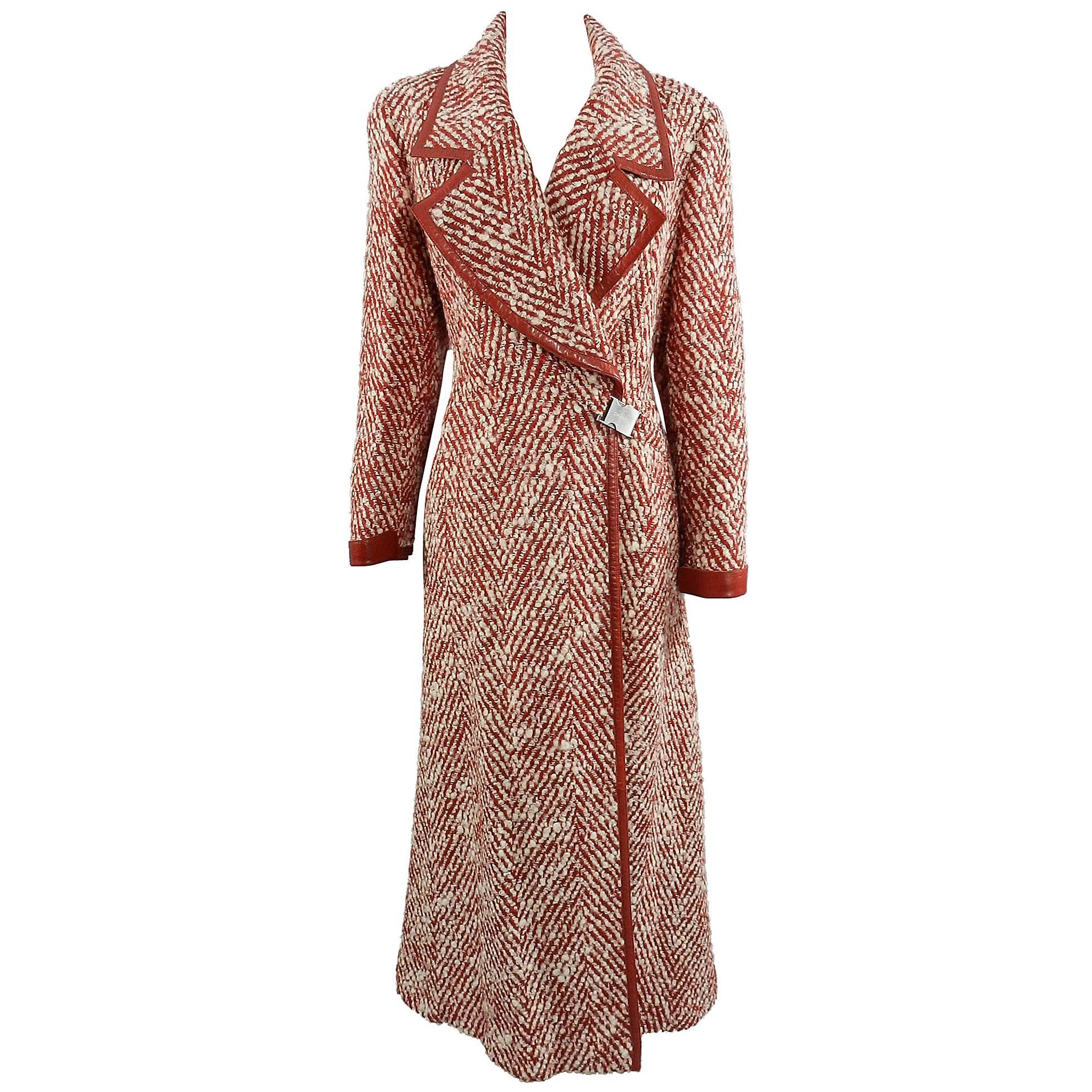 Chanel Red and Ivory Tweed Wool and Leather Long Coat