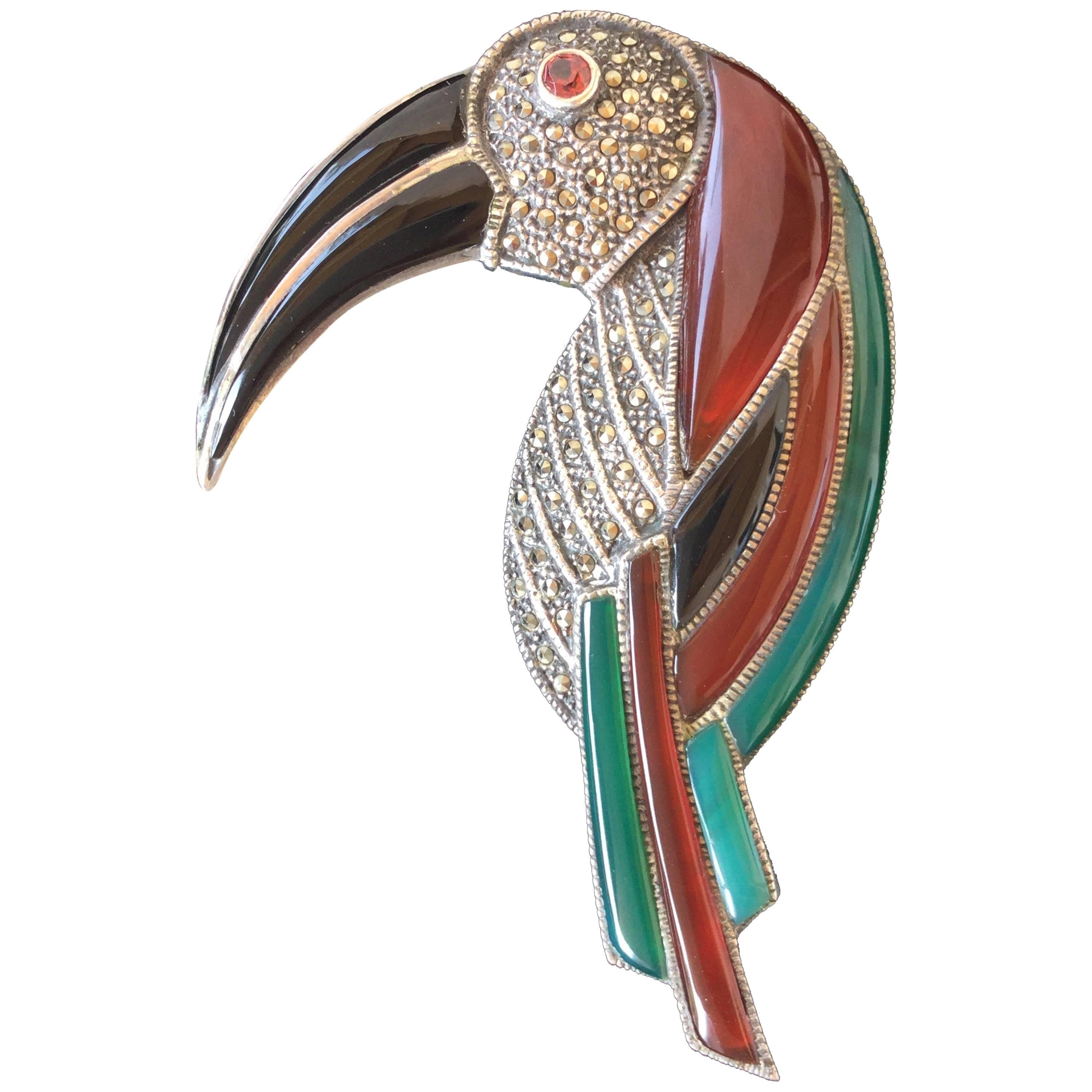 Huge Gemstone and Sterling Silver Toucan Brooch. Deco Style. 1970's.