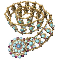 Incredible Yves Saint Laurent Metal Belt with Faux Turquoise Cabochons. 1970's.