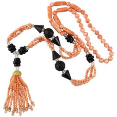 Art Deco Style Carved Natural Coral and Onyx Sautoir Necklace.  1960's.