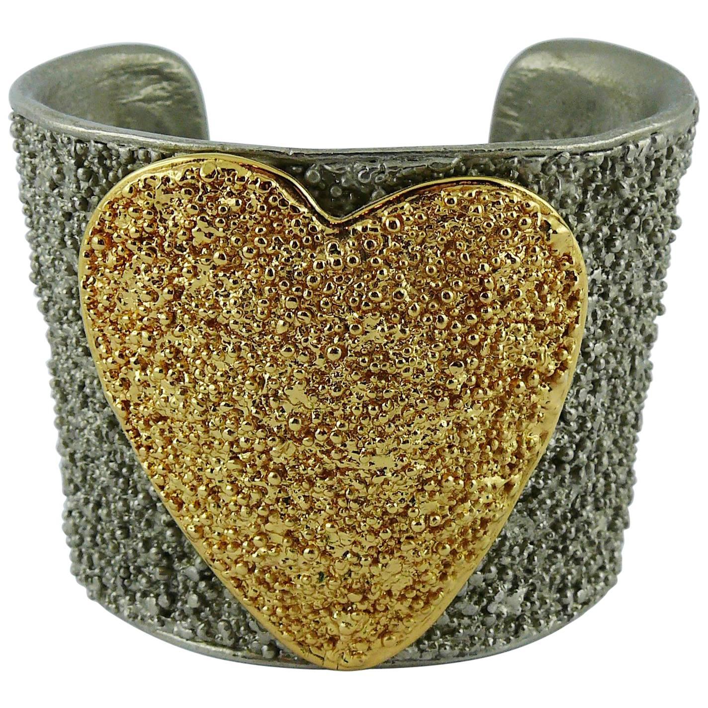 Yves Saint Laurent YSL Vintage Two Tone Heart Cuff Bracelet For Sale