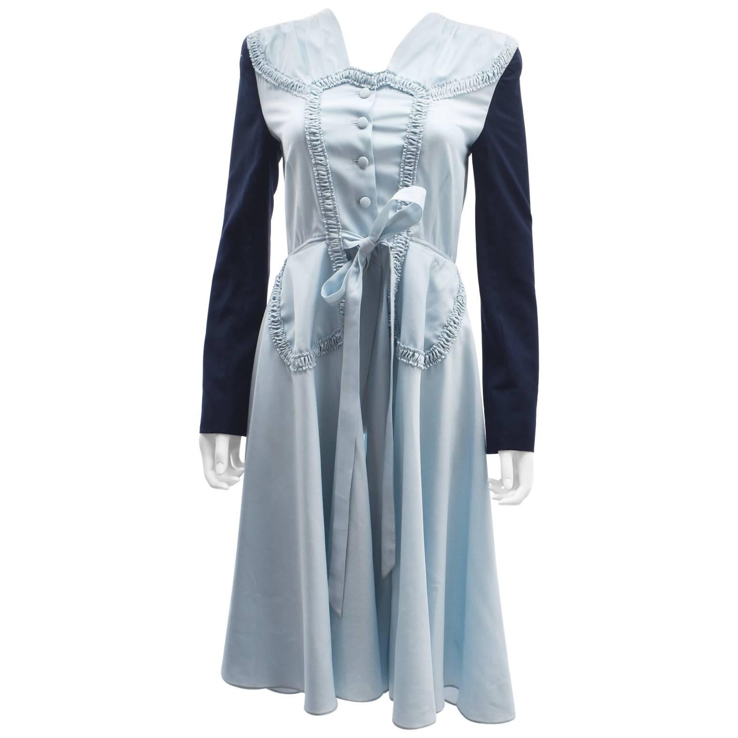 Margiela Light Blue Tailored Ruffle Dress with Contrast Navy Sleeves For Sale