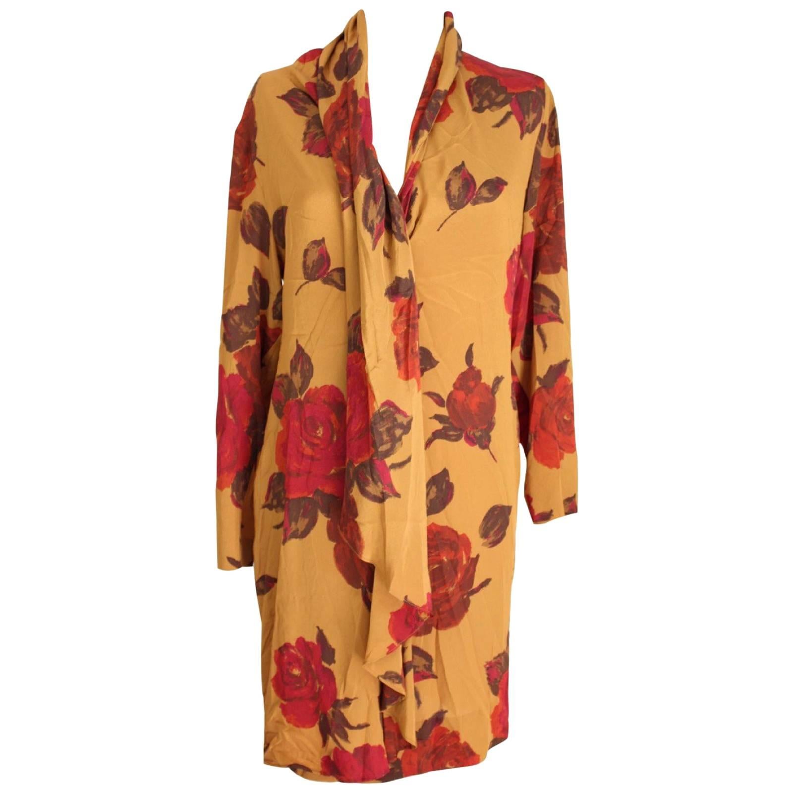 Laura Biagiotti Risposte orange brown silk floral dress 1980s size 42 it vintage For Sale