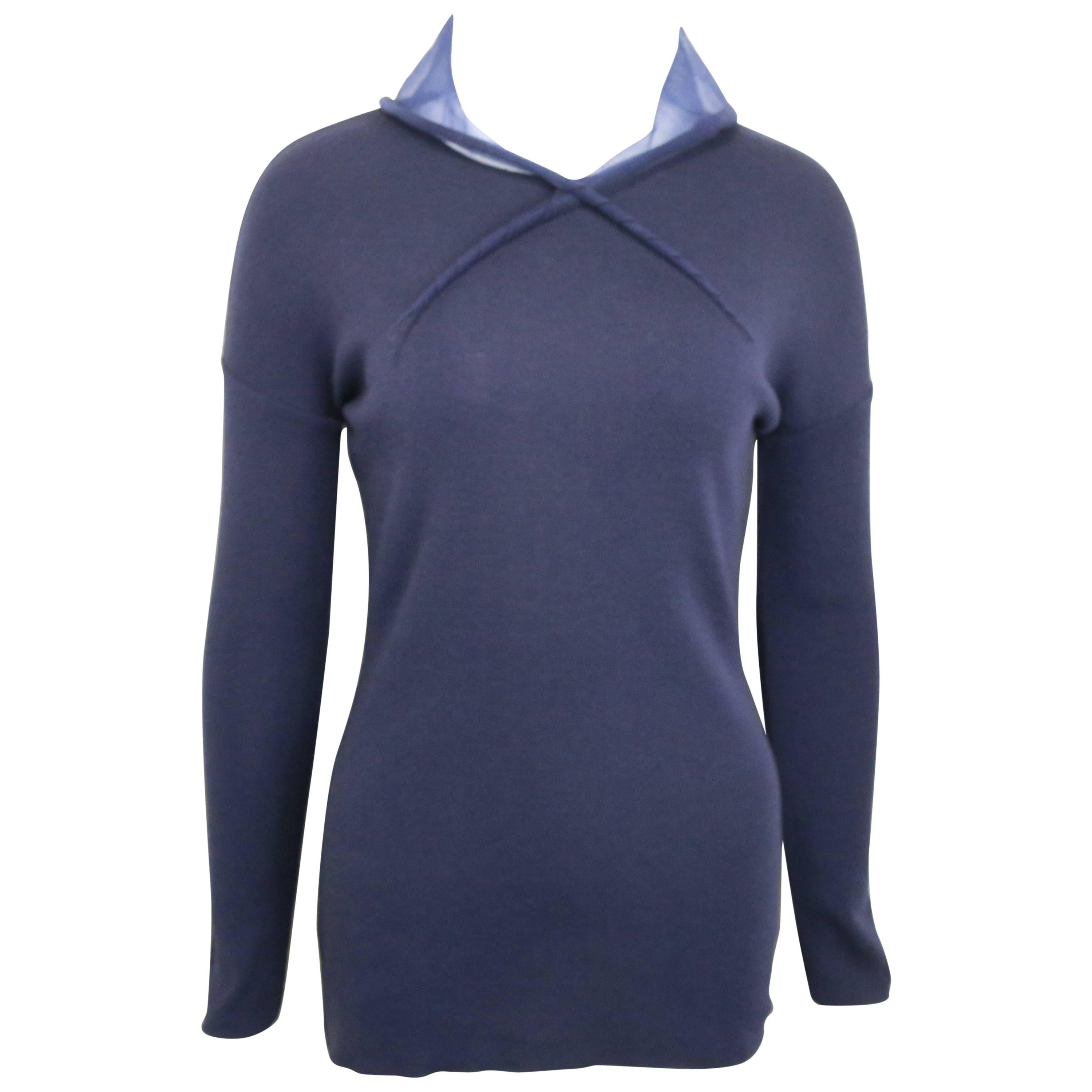 Liviana Conti Navy Blue Wool Sweater with See Through Hoodie  For Sale