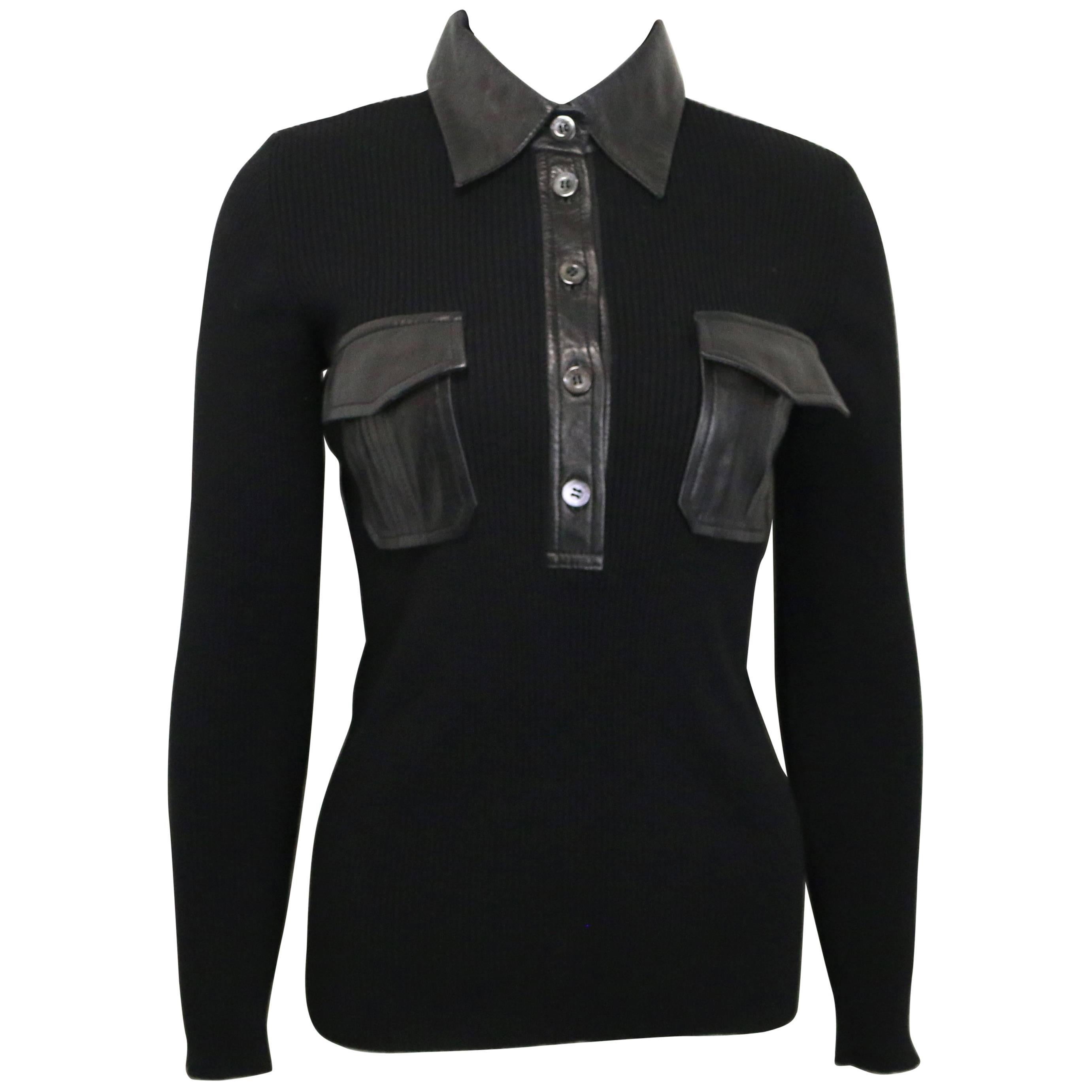 Gucci by Tom Ford Black Wool with Leather Pocket Collar Button Top 