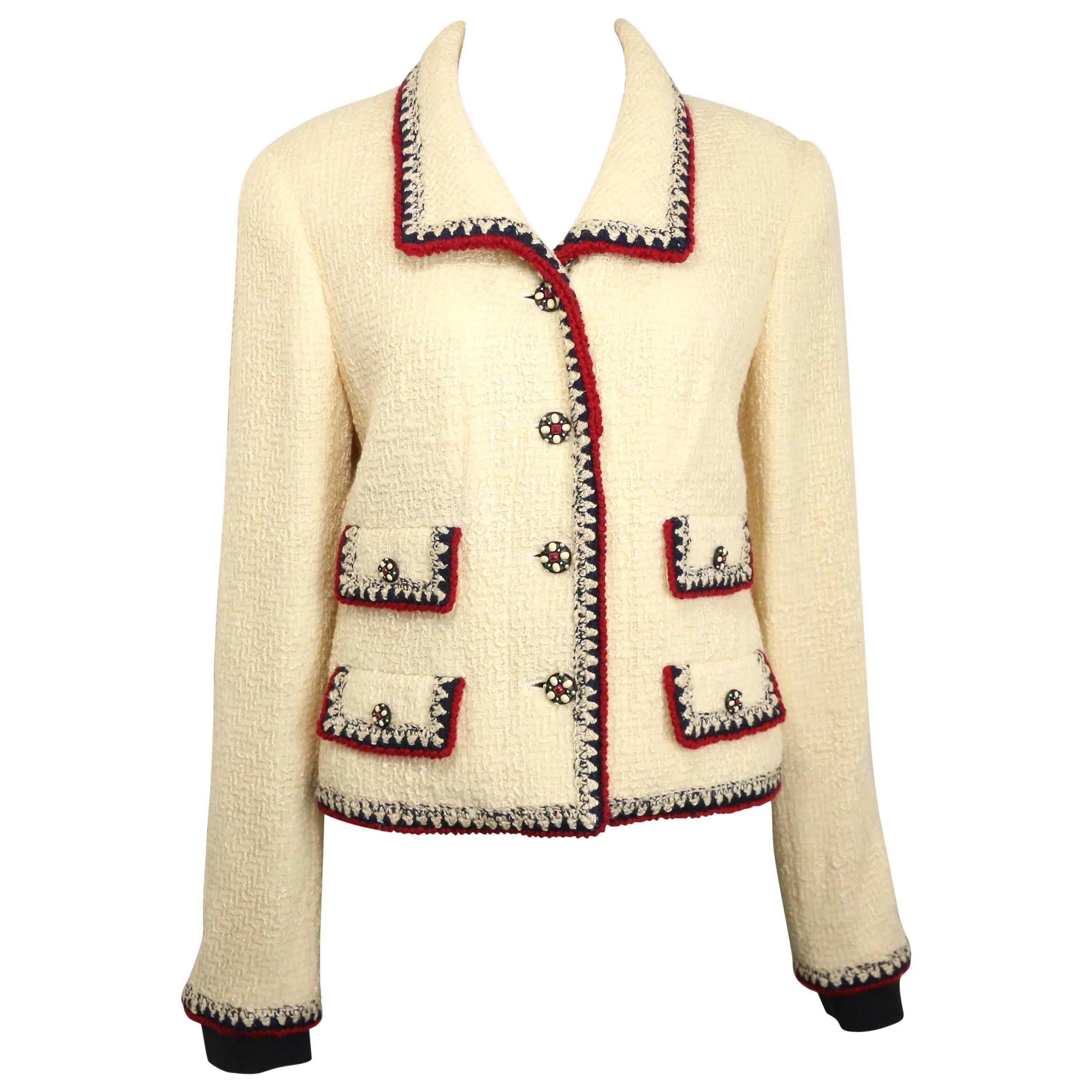 Fall 2006 Chanel White Wool Tweed with Black and Red Piping Trim Jacket at  1stDibs