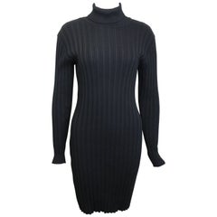 90s Gianni Versace Couture Black Wool Knitted Long Sleeves Turtleneck Dress 