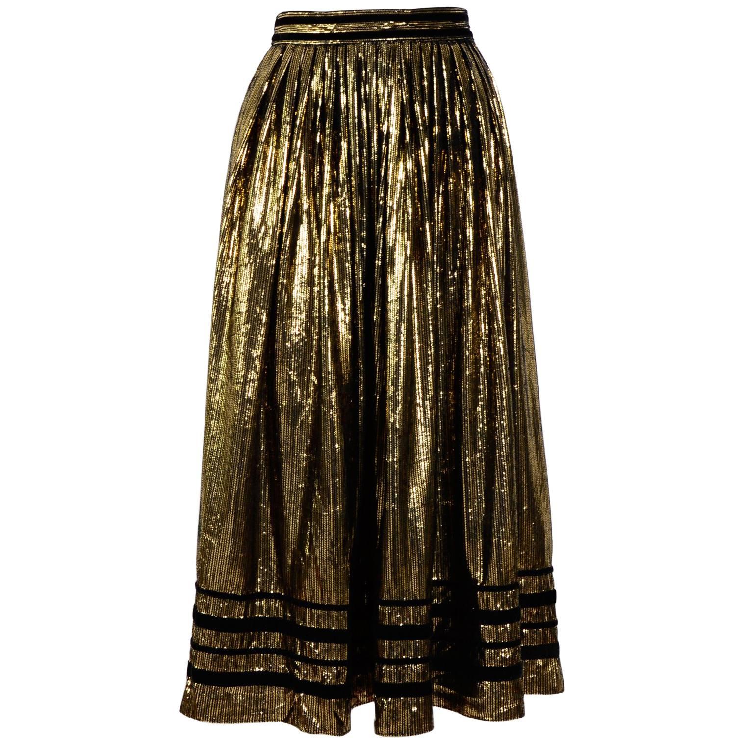 Yves Saint Laurent 1970's Black Cotton / Gold Lame Boho Skirt