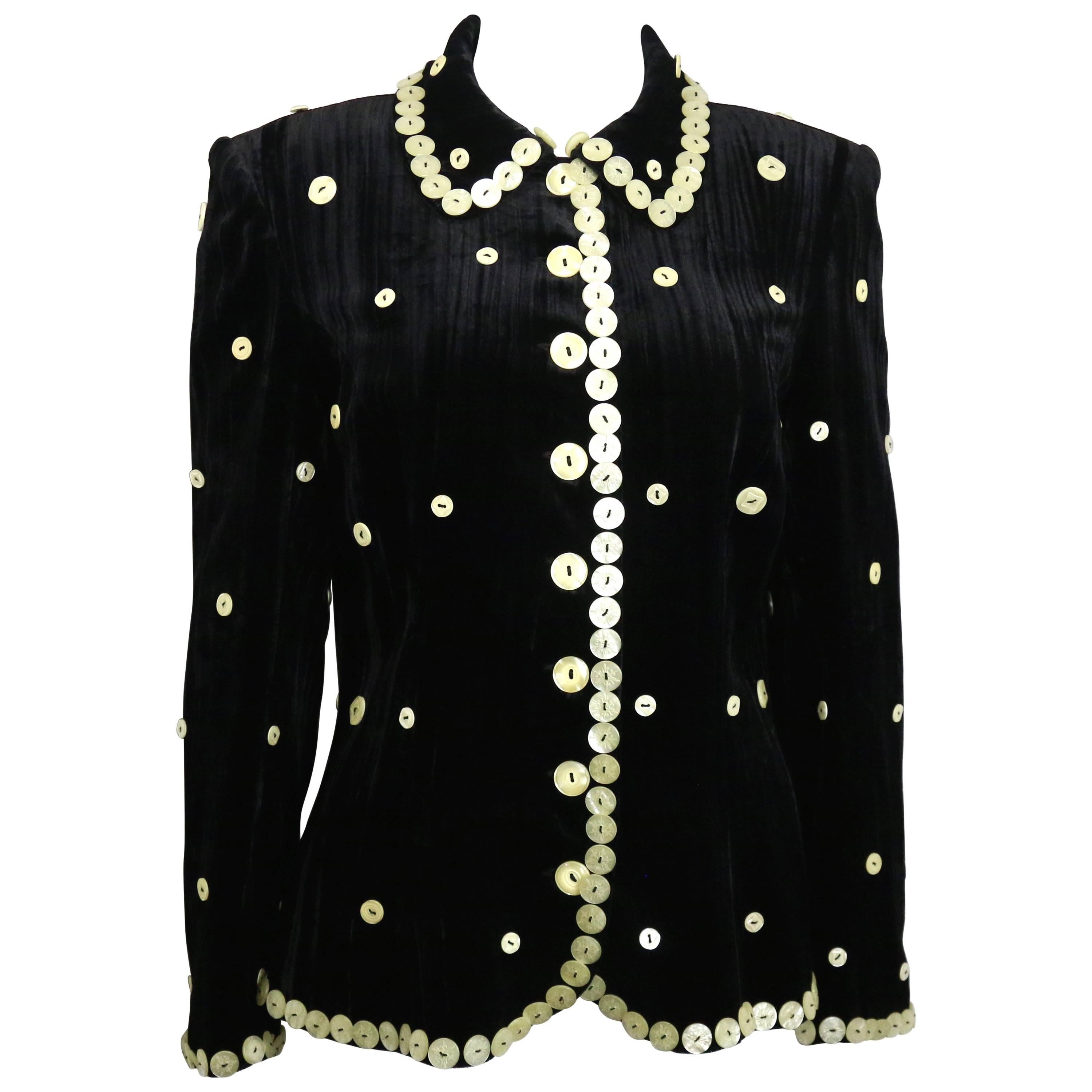 Vintage Franck Sorbier Haute Couture Black Velvet Mother of Pearl Buttons Jacket For Sale