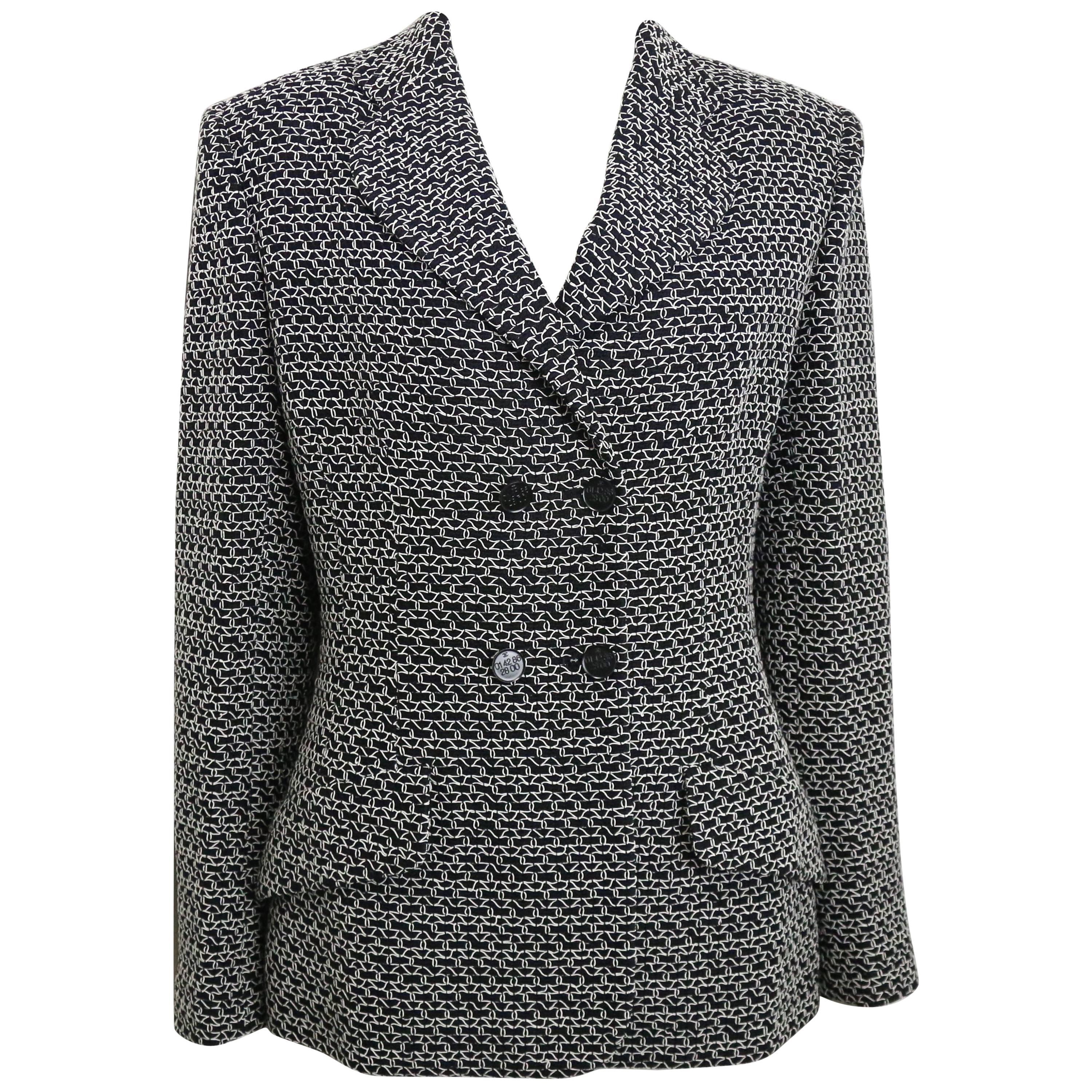 1998 Chanel Black Tweed Wool  with White Knitted Net Double Breasted Jacket For Sale