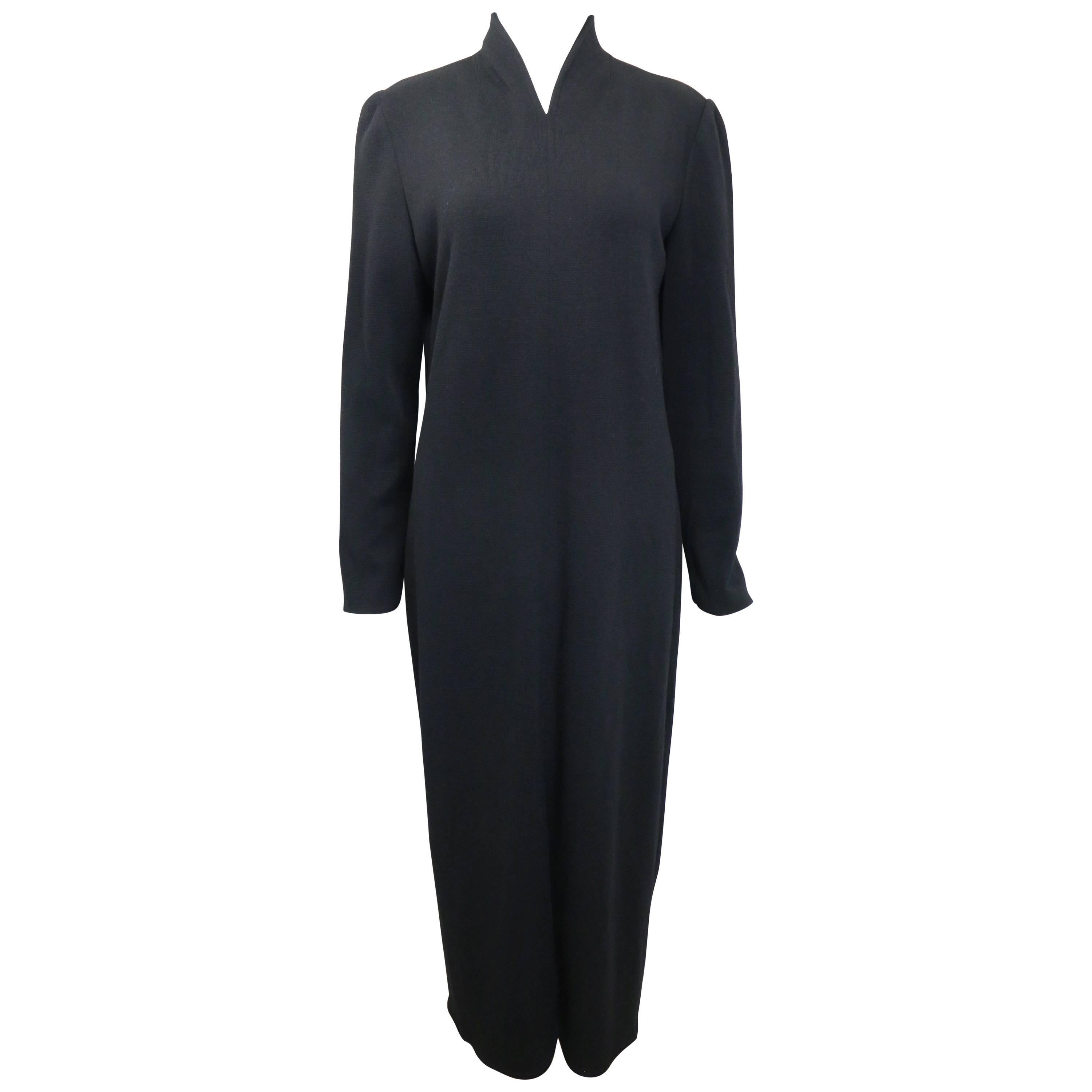 90s Celine Black Wool V-Shaped Neckline Long Dress For Sale