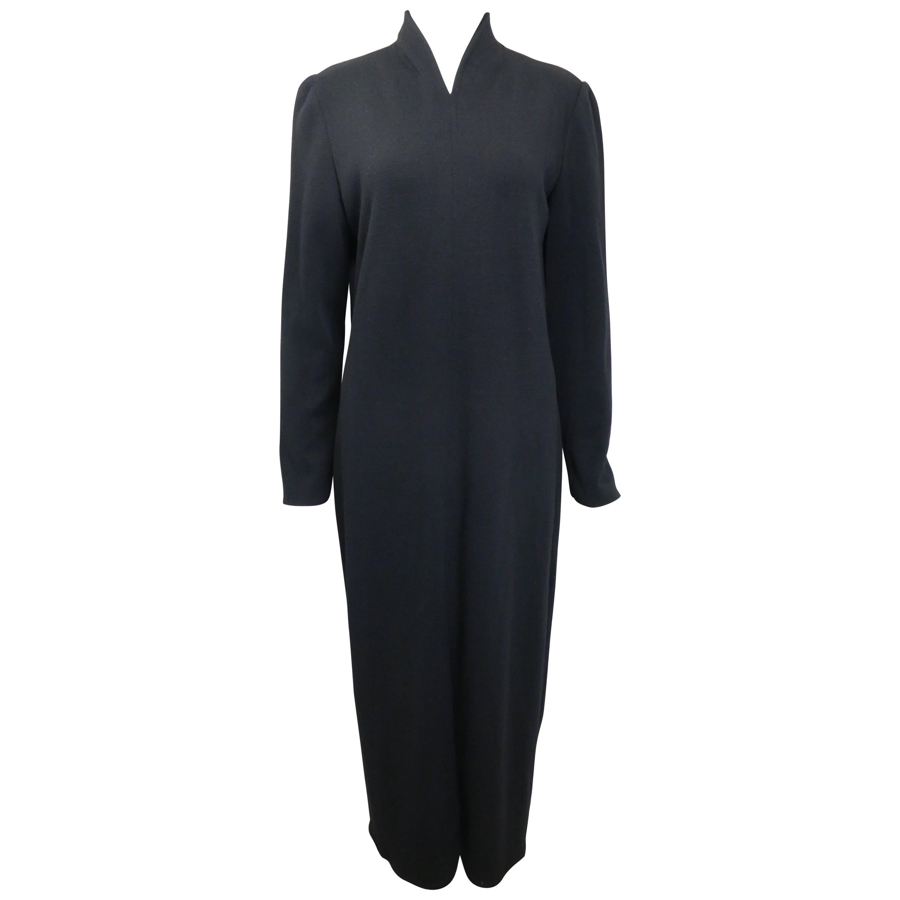 90s Celine Black Wool V-Shaped Neckline Long Dress  For Sale