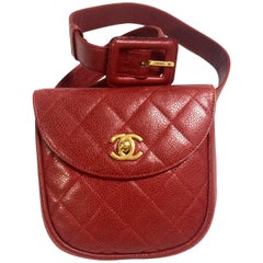 Vintage CHANEL 2.55 red caviar leather waist purse, fanny pack with golden cc.