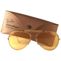 New Vintage Ray Ban Aviator Gold Ambermatic 62Mm 1970's B&L Sunglasses