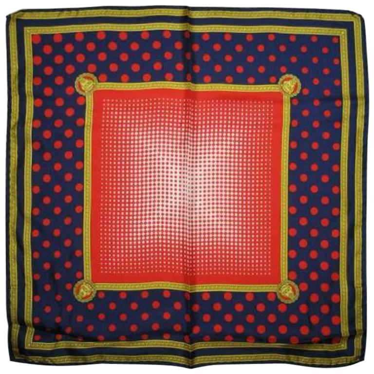 NEW/MINT. Vintage Gianni Versace navy, red polka dot, white gradation silk scarf For Sale