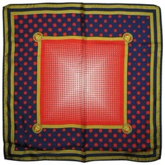 NEW/MINT. Used Gianni Versace navy, red polka dot, white gradation silk scarf