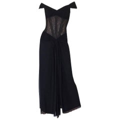 1980s Vicky Tiel Couture Black Silk Net & Lace Corset Gown