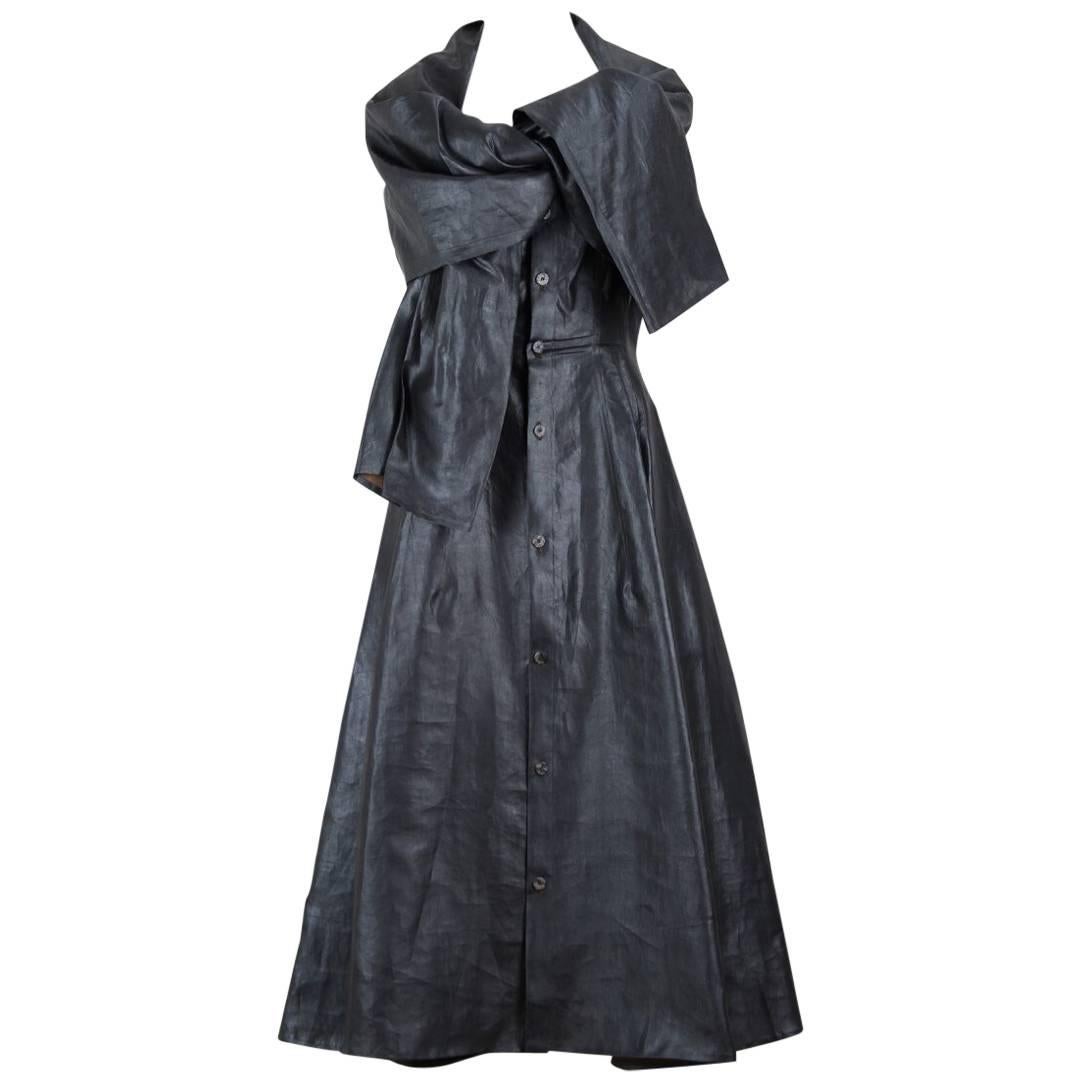 Yohji Yamamoto Charcoal Grey Coated Silk Dress With Draped Capelet Collar, 1990s