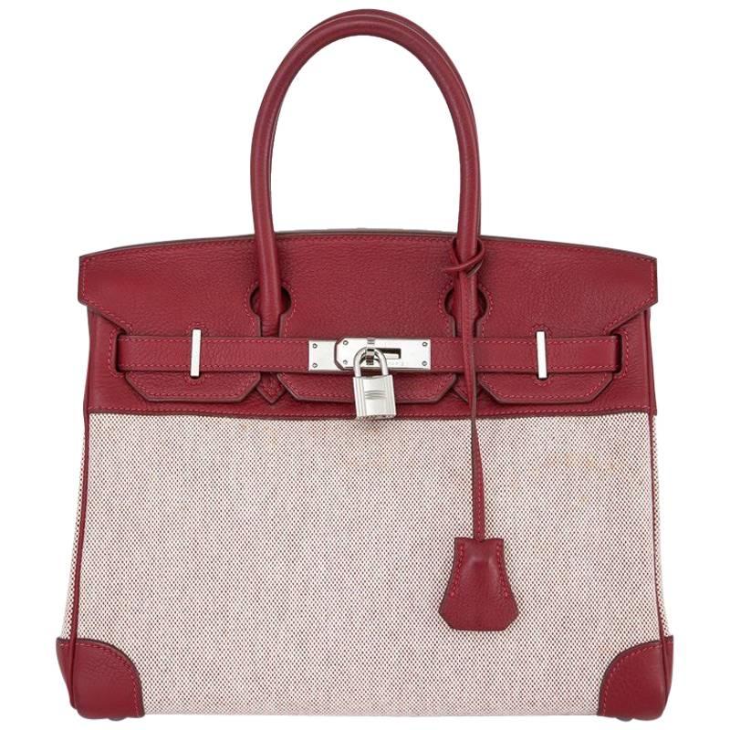 Hermes Red Toile H Taurillon Clemence Birkin 30cm - Rare For Sale
