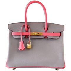 Hermes Birkin 30 Bag Horseshoe Gris Mouette w/ Rose Azalee Brushed Gold Epsom