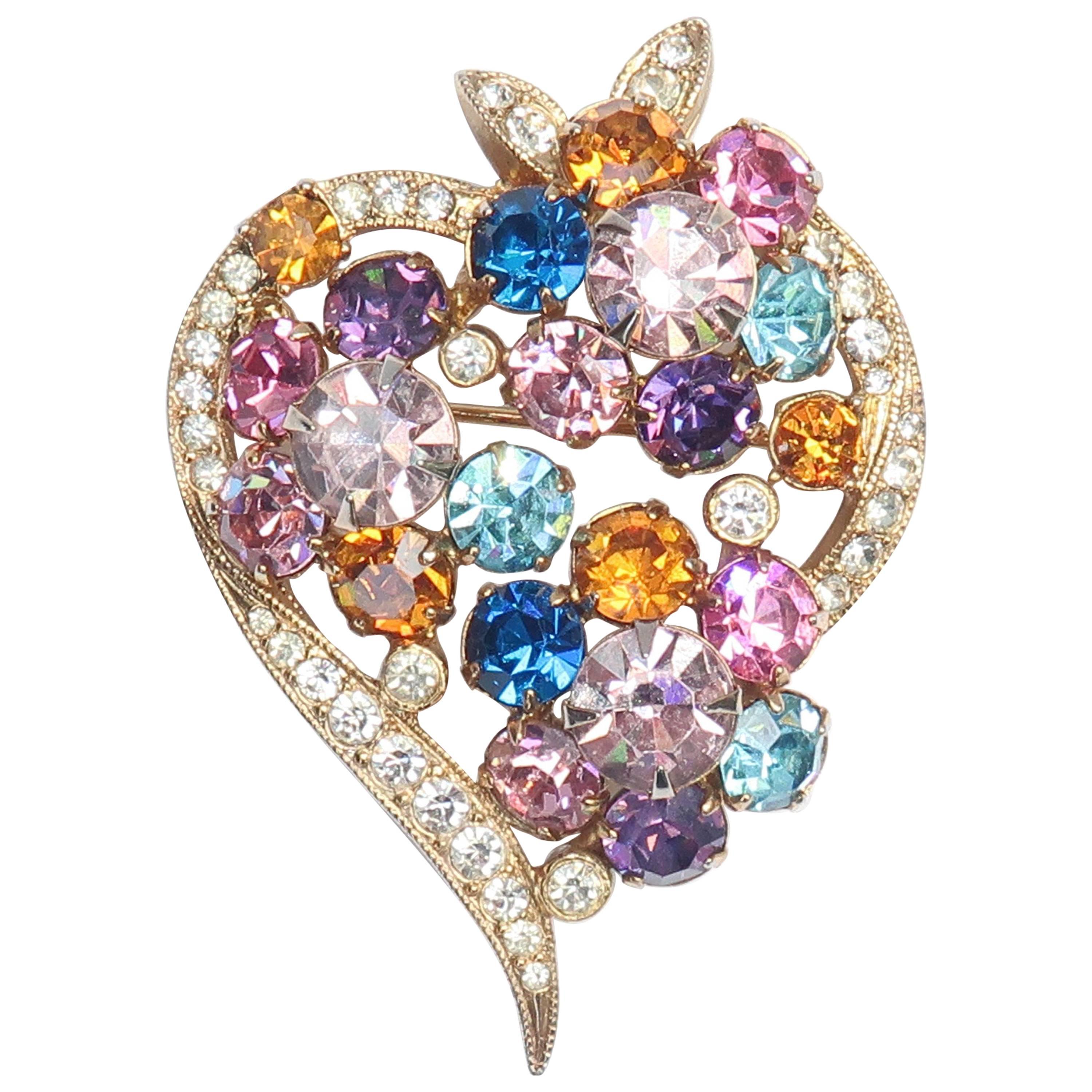 Glorious 1950's Eisenberg Rhinestone Heart Shaped Brooch