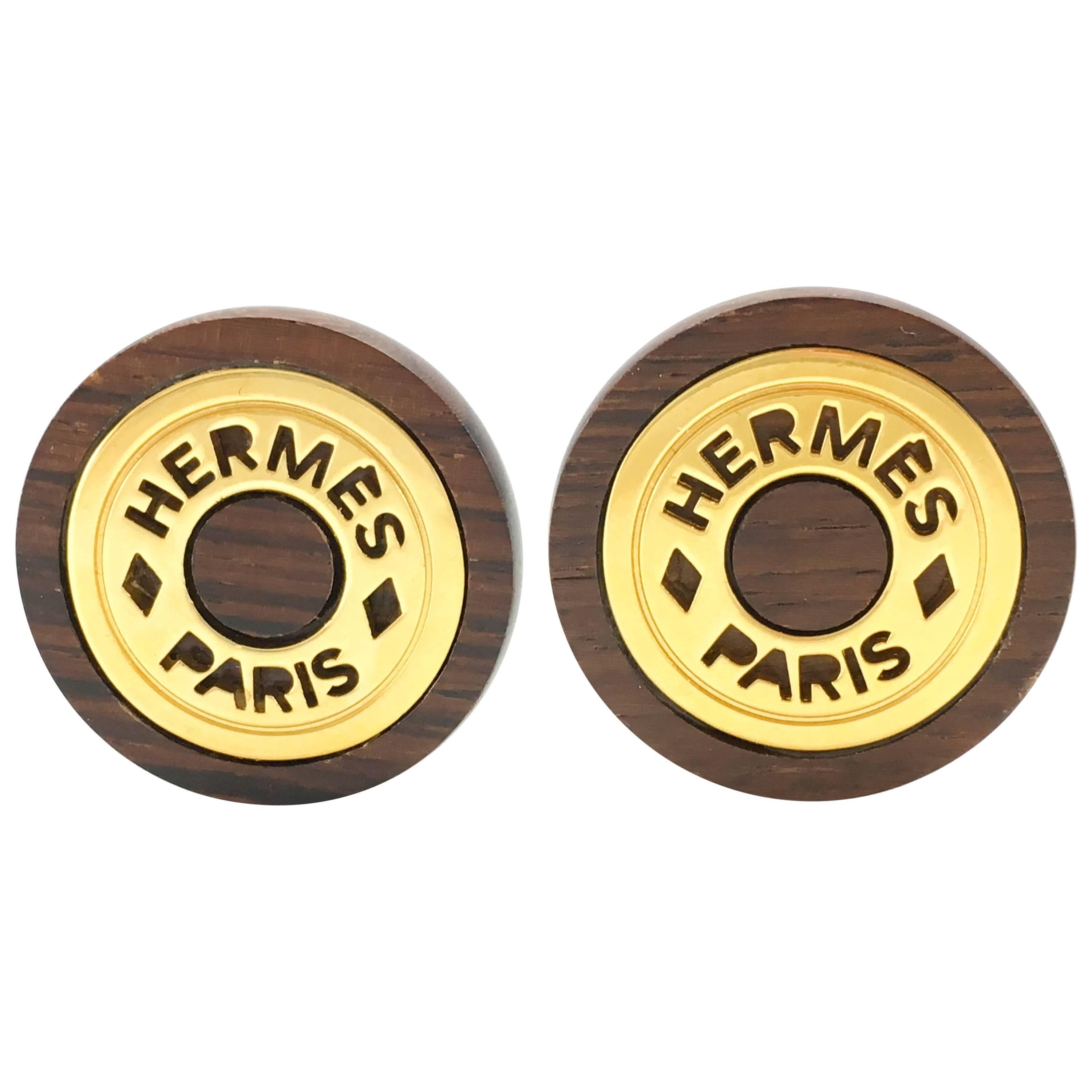 1990s Hermes Wood and Gold-Plated Round Clip-On Earrings