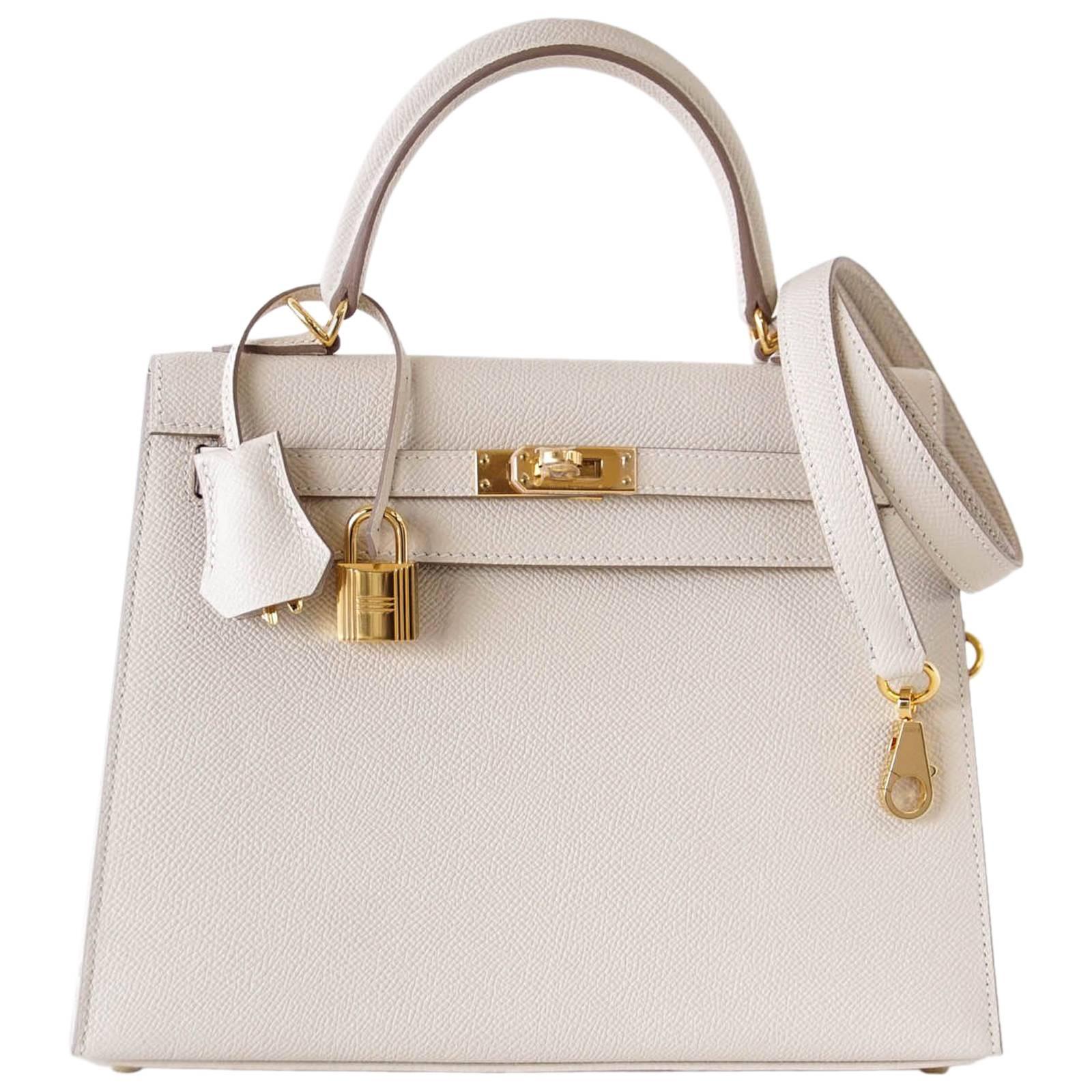 Hermes Neutral Craie Epsom Gold Hardware with Twilly Kelly 25 Sellier Bag 