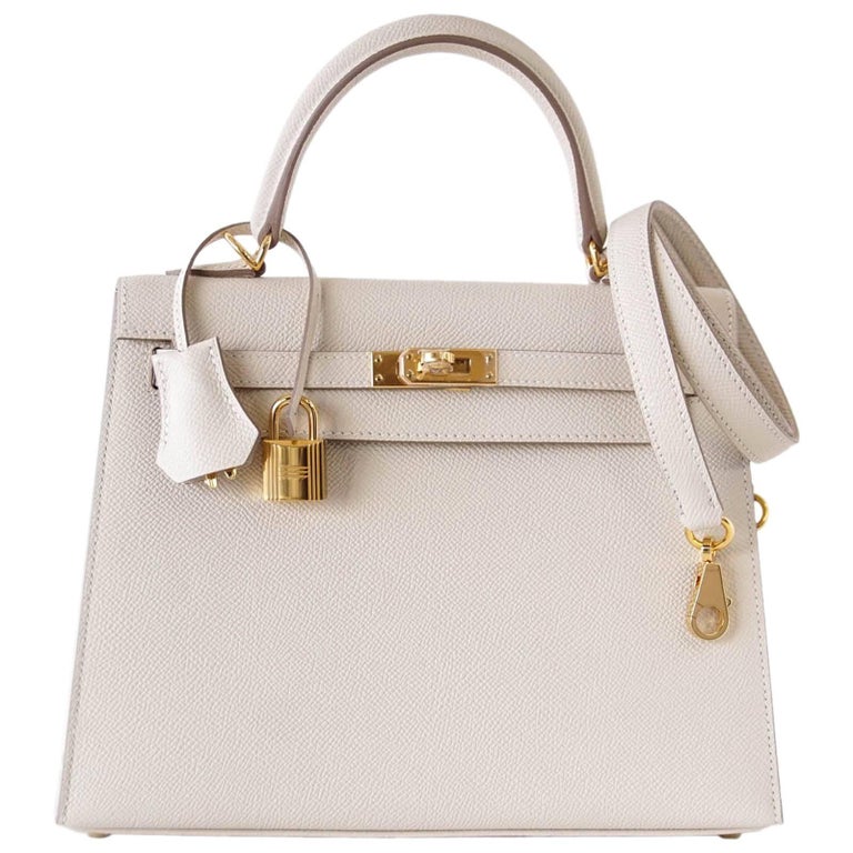 Hermes Neutral Craie Epsom Gold Hardware with Twilly Kelly 25 Sellier Bag  at 1stDibs