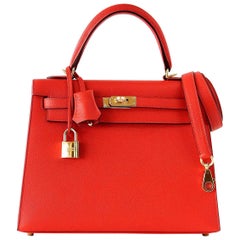 Hermes Kelly 25 Sellier Rouge Tomate Red Epsom Leather Bag Gold Hardware