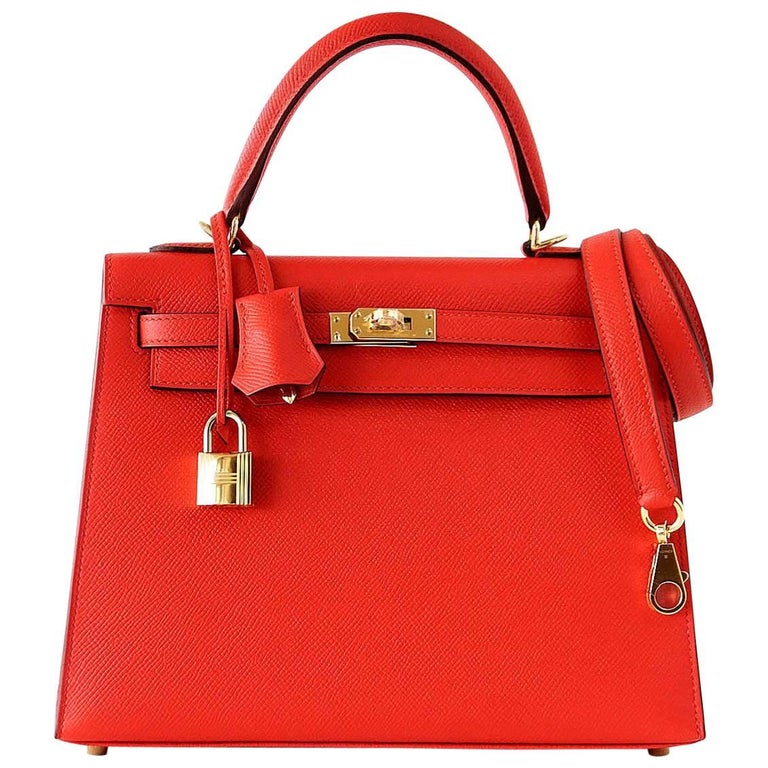 Hermes Kelly 25 Sellier Rouge Tomate Red Epsom Leather Bag Gold Hardware