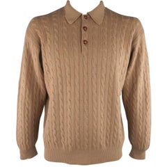 Men's RALPH LAUREN Size L Tan Cable Knit Cashmere Polo Pullover