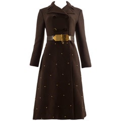 1960s brown wool coat with gold studs and belt