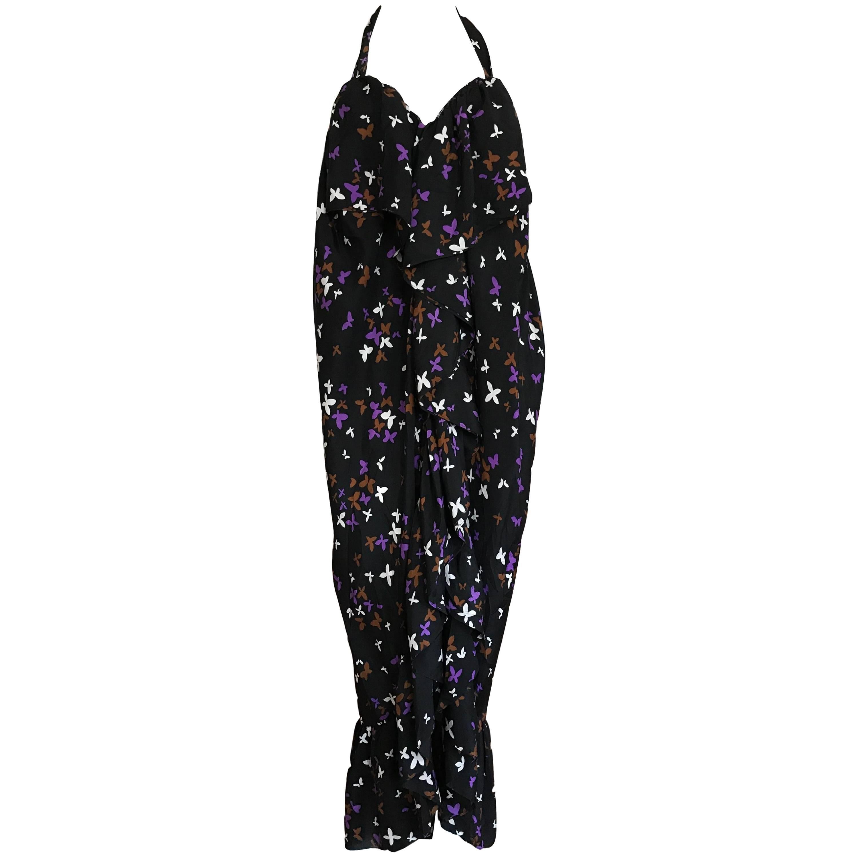 Yves Saint Laurent S/S 1978 Silk Butterly Print Halter Maxi Dress Gown For Sale