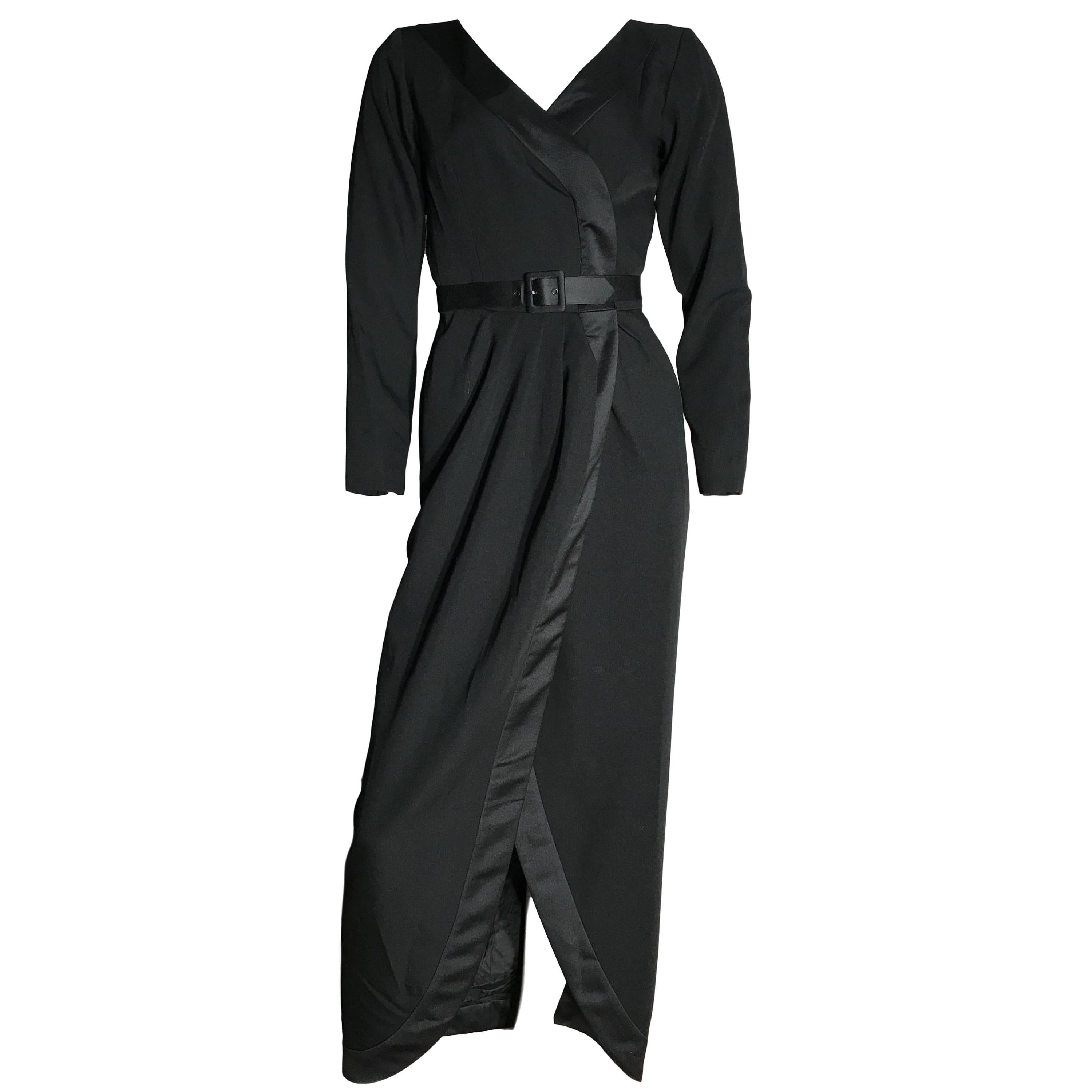 Yves Saint Laurent "Le Smoking" Dress Black Wool Maxi Tuxedo Evening Satin Trim For Sale