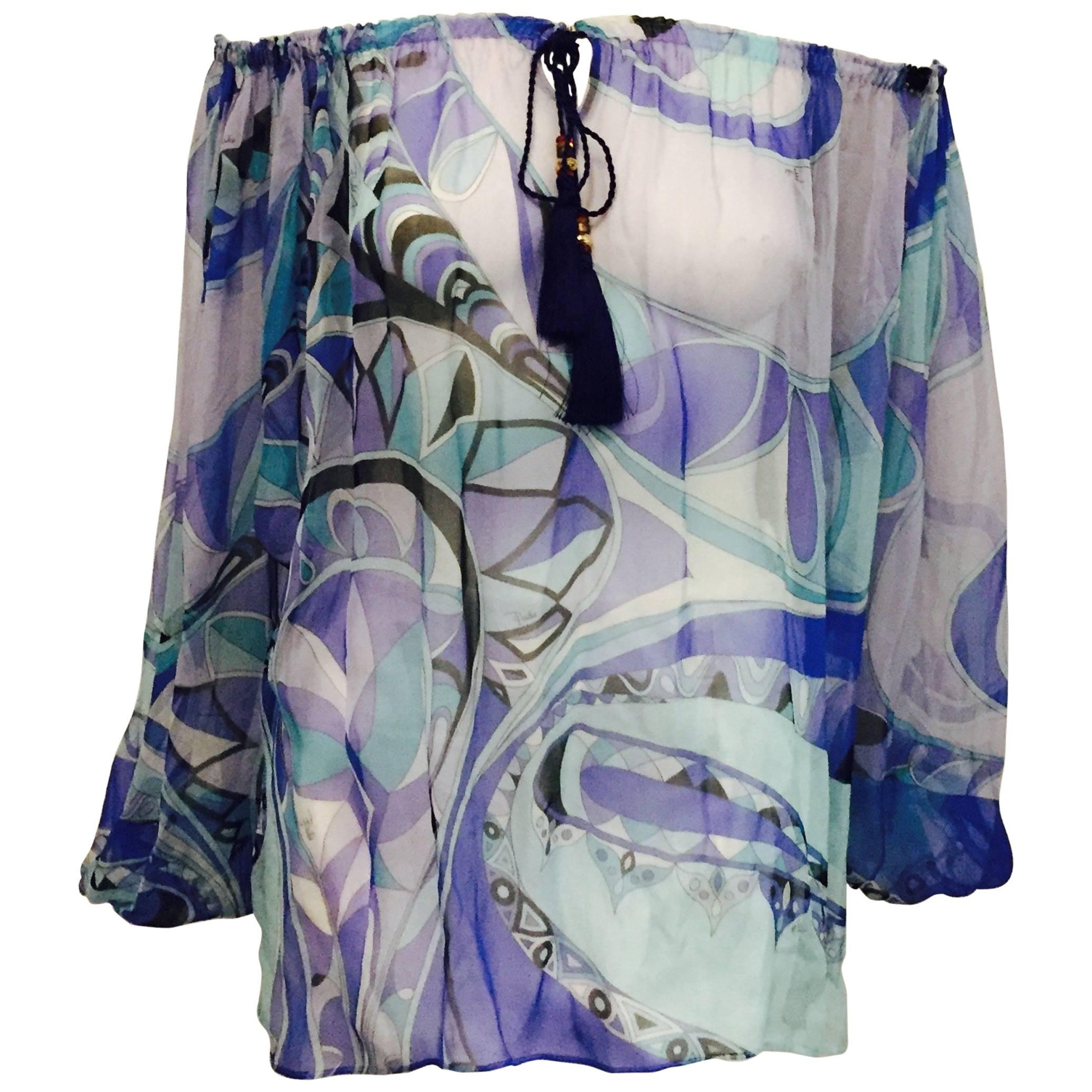 Perceptive Pucci Multi Blue Tone Abstract Print Sheer Silk Long Sleeve Blouse