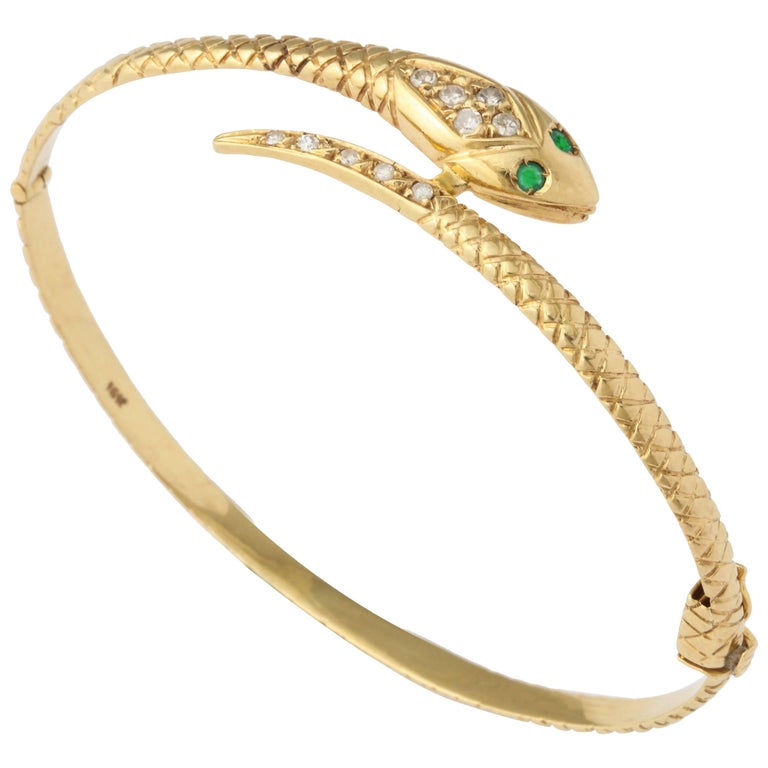 Antique Snake Bracelet with Diamond Head and Emerald Eyes at 1stdibs