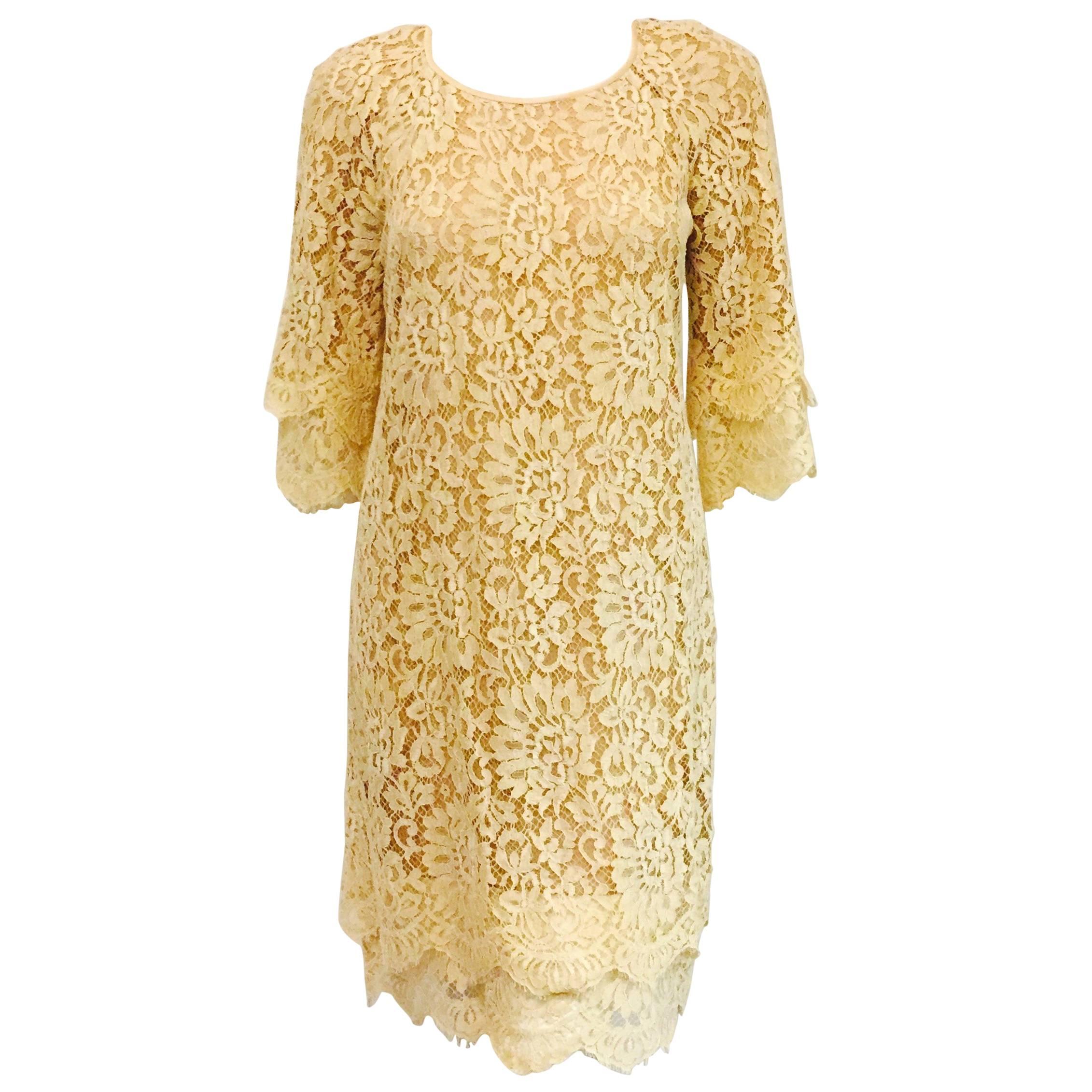 Modern Michael Kors Beige Lace Dress With Double Layer Cuffs and Hem For Sale