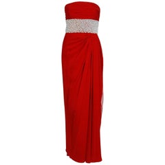 1978 Galanos Ruby-Red Draped Silk Chiffon Pearl Beaded Strapless Evening Gown
