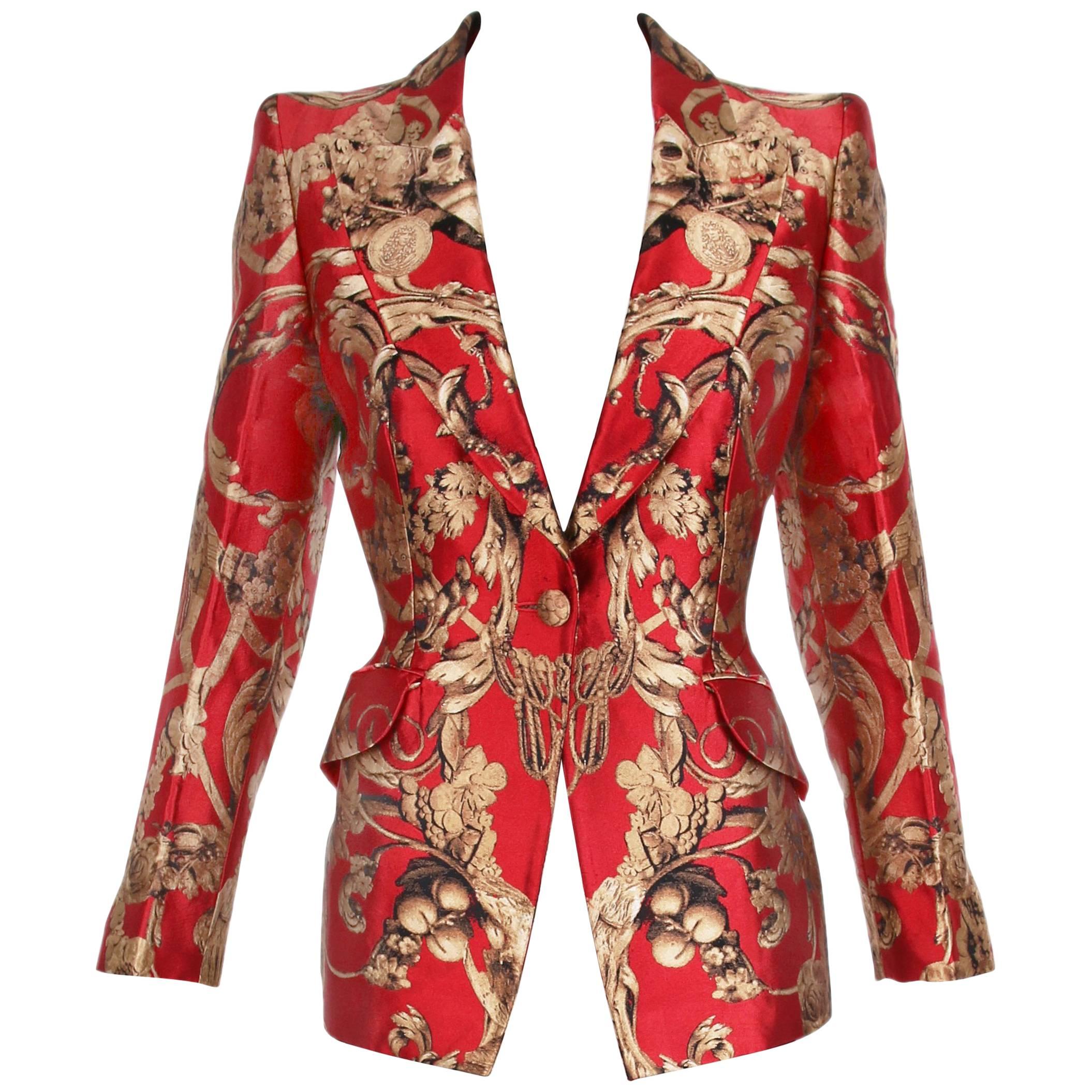 2010 Alexander McQueen Red & Gold Print Silk Jacket Blazer