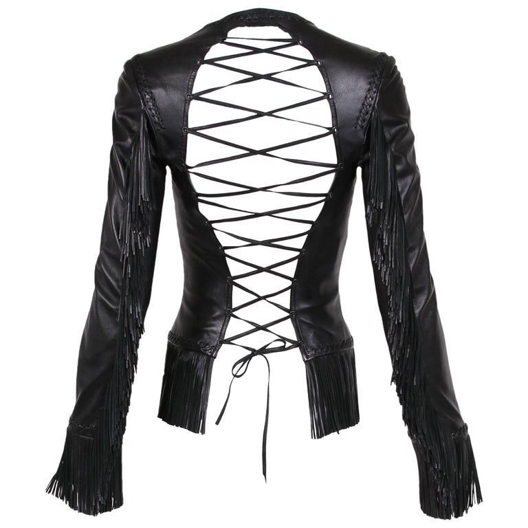 Versace Spring Summer Black Leather Fringed Jacket with Lace Up Back , 2002  For Sale
