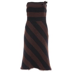 Prada Brown Navy Blue Striped Virgin Wool Tweed Strapless Dress, Fall 2000