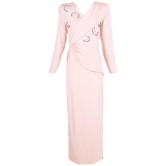 1970's Andre Laug Couture Pink Silk Evening Gown w/Embroidered Moons