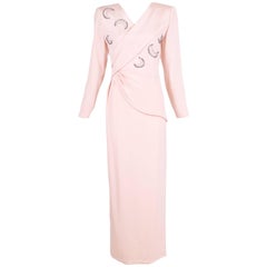 1970's Andre Laug Couture Pink Silk Evening Gown w/Embroidered Moons 