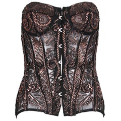 Jean Paul Gaultier Black and Gold Mesh Braid and Lace Up Back Leather Bustier