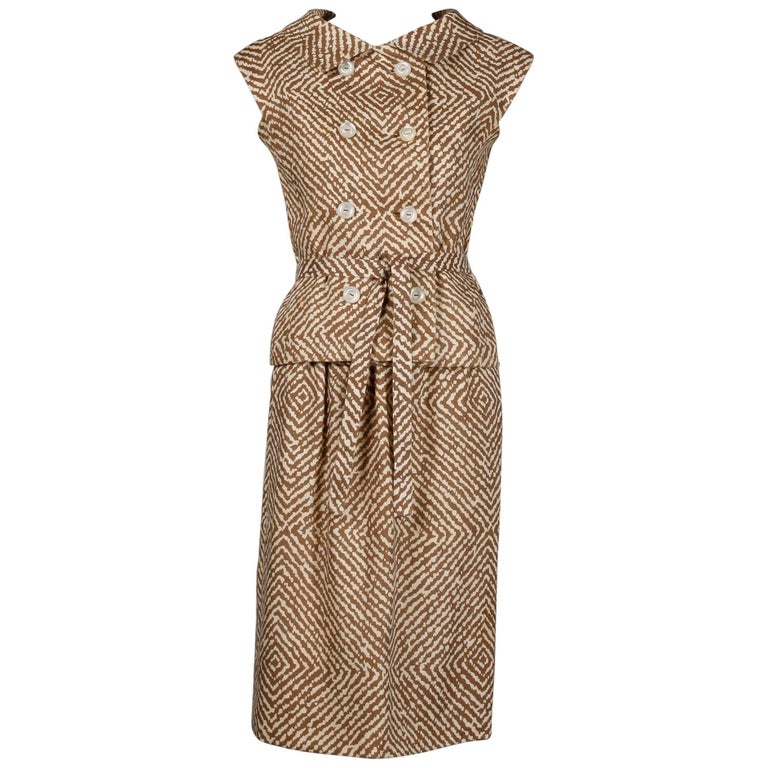 1960s Geoffrey Beene Vintage Brown 3Piece Linen Skirt, Vest, Belt Suit