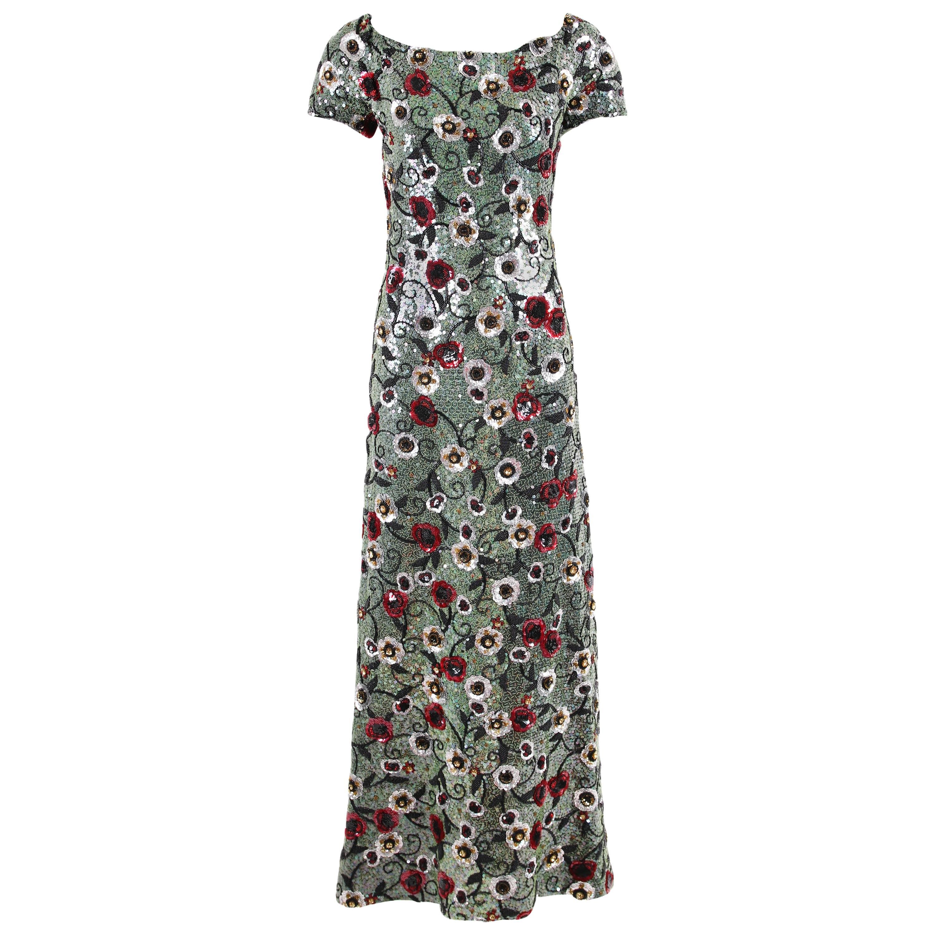 Arnold Scaasi Couture Floral Beaded and Sequined Evening Gown at 1stDibs