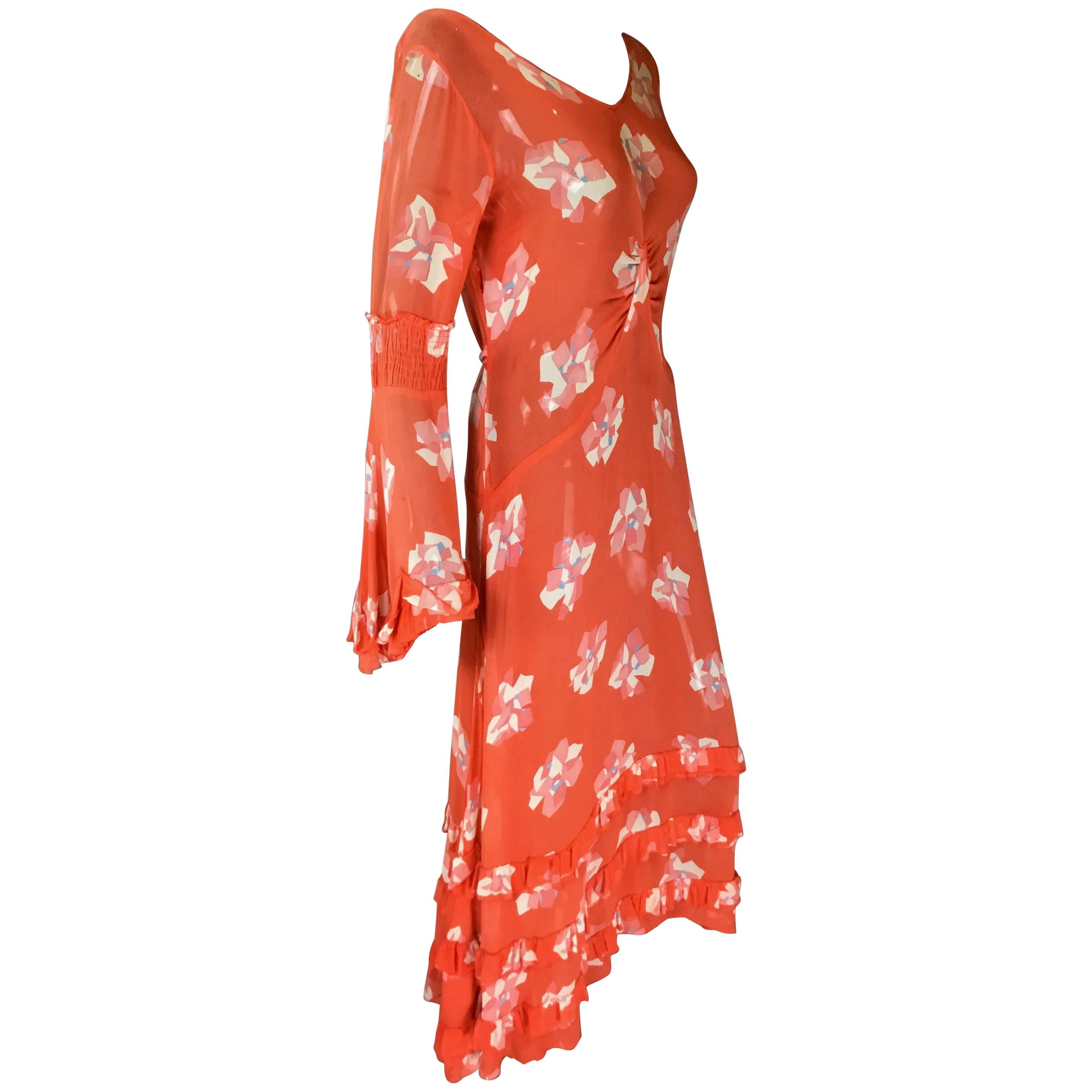 30s chiffon deco rose print dress For Sale