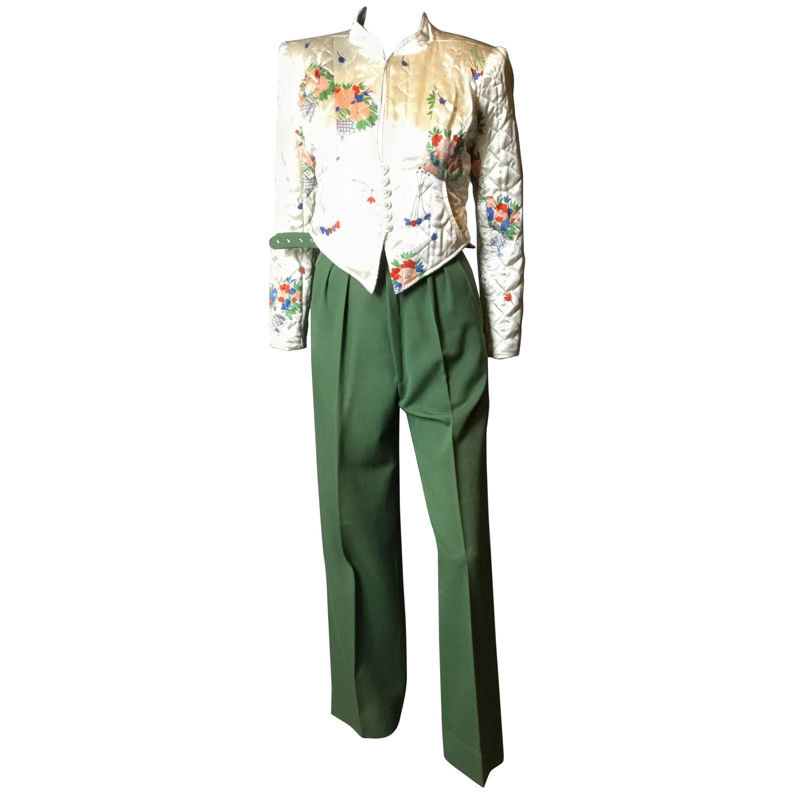 Super rare Ossie Clark tailored satin quilte jacket and pants For Sale