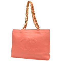 Vintage CHANEL milky pink calf leather large tote bag with gold tone chains.