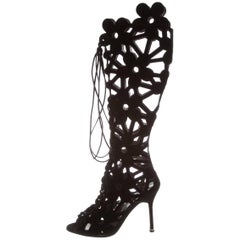Manolo Blahnik New Sold Out Black Suede Cut Out Knee High Boots in Box
